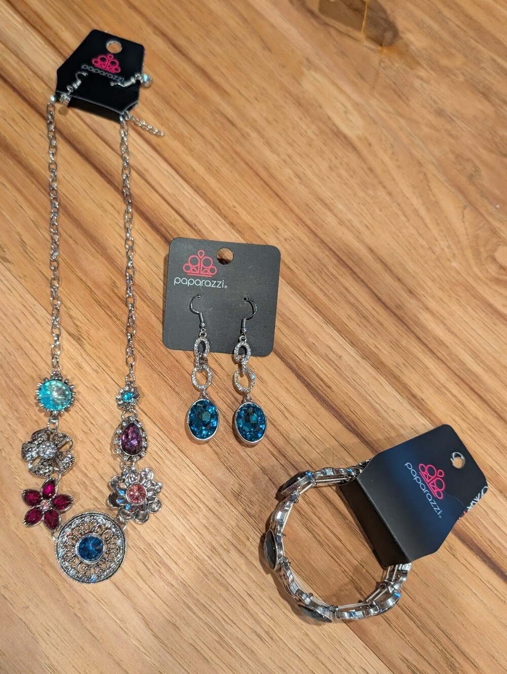 Paparazzi Silver-tone Blue & Pink Crystal Necklace, Earrings and Bracelet Set